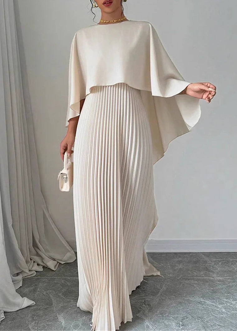 Beige Asymmetrical Patchwork Cotton Long Dress Batwing Sleeve