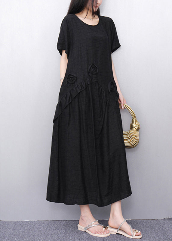 Black O-neck Cotton Long Dress Short Sleeve Summer