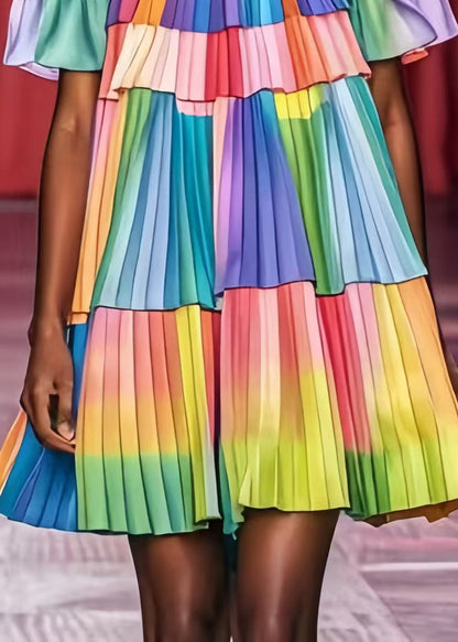Rainbow Tie Dye Wrinkled Chiffon Day Dress Summer