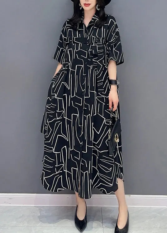 Modern Black Striped Button Long Shirts Dress Spring