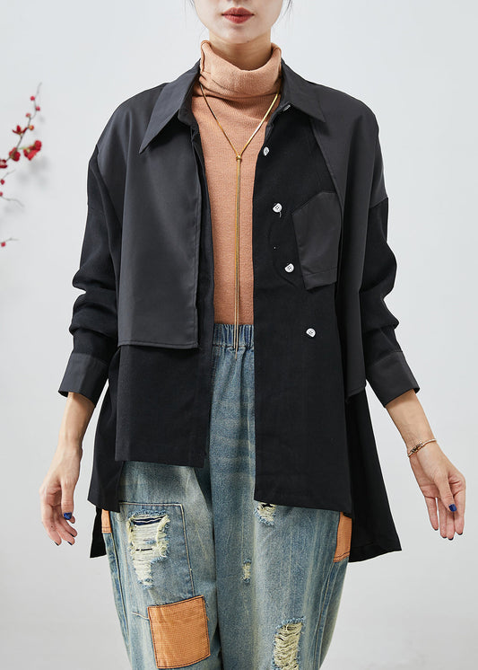 Black Asymmetrical Patchwork Back Open Cotton Jackets Fall