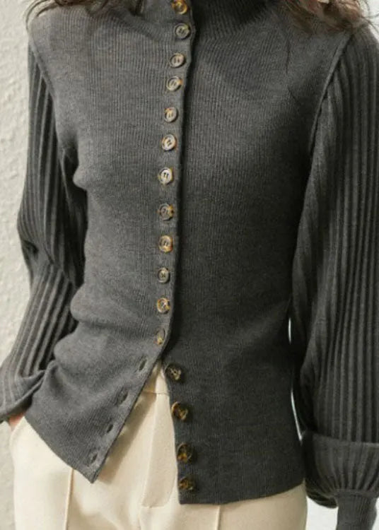 Natural Khaki Retro Button Lantern Sleeve Slim Fit Fall Sweater