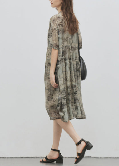 Italian Green Khaki O Neck Print Patchwork Silk Dress Summer