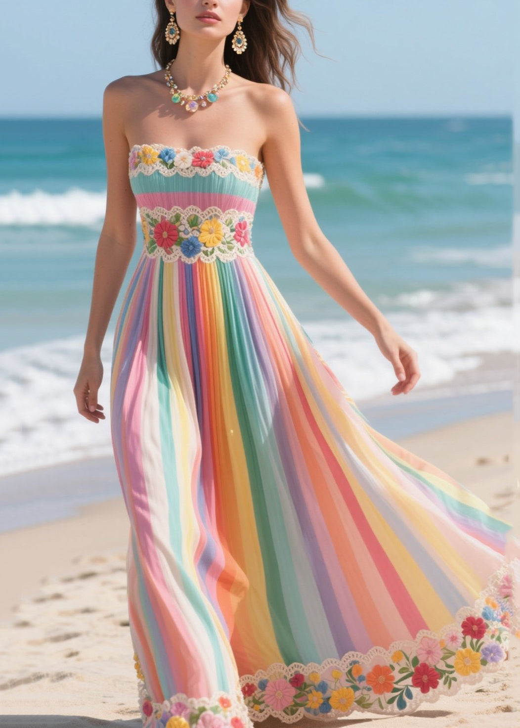 Rainbow Striped Patchwork Flower Chiffon Strapless Dress Summer