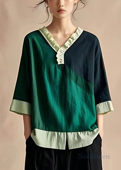 New Navy Ruffled Patchwork Linen T Shirts Bracelet Sleeve