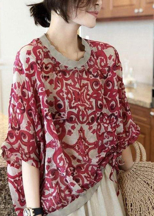 Red O-neck Print Chiffon Top Long Sleeve