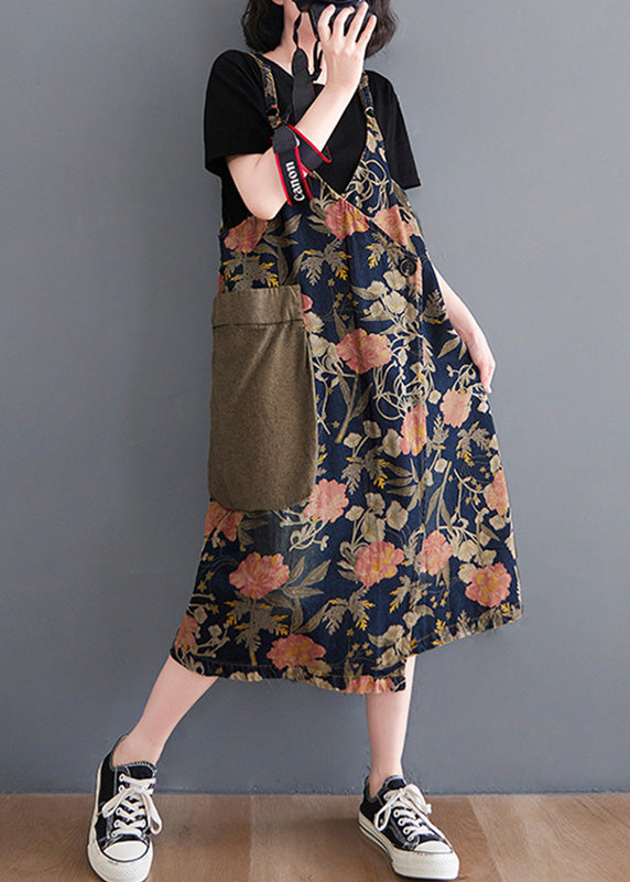 Natural V Neck Print Patchwork a Line Long Dress Summer