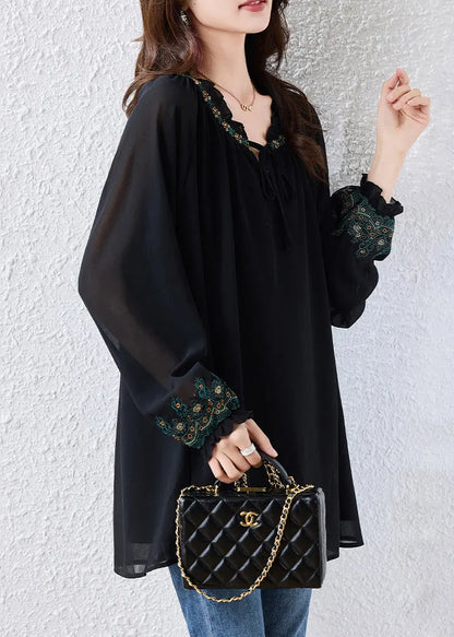 Boutique Black Embroidered Tie Neck Chiffon Blouse Tops Fall
