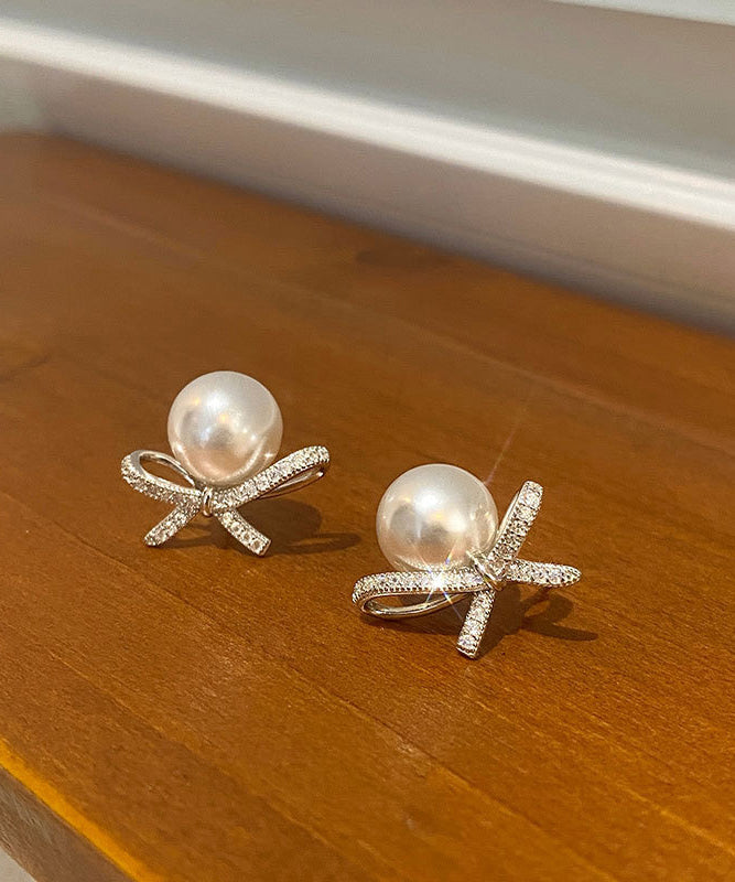 White Sterling Silver Pearl Bow Stud Earrings