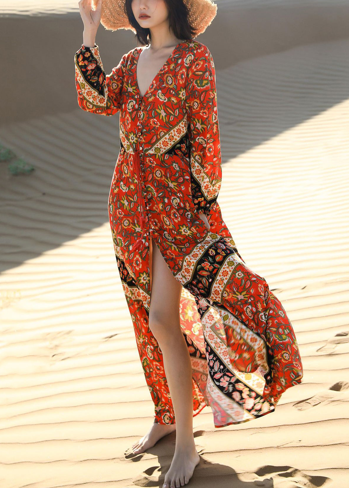 Red Print Lace Up Pockets Long Dress Fall