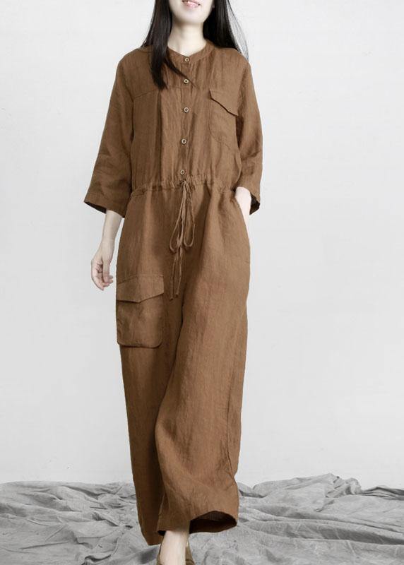 Fitted Tea Green Button Drawstring Fall Linen Jumpsuit Pants