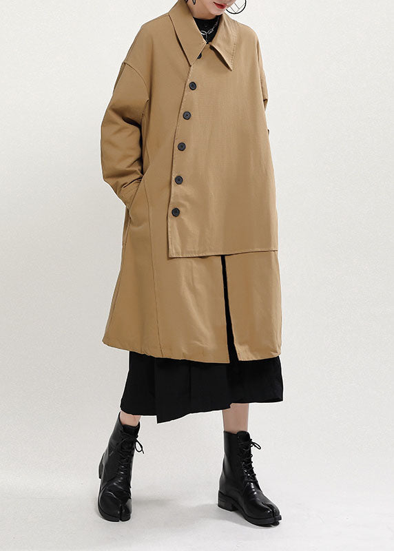 Khaki Peterpan Collar Button Pockets Patchwork Fall Thick Coats Long Sleeve