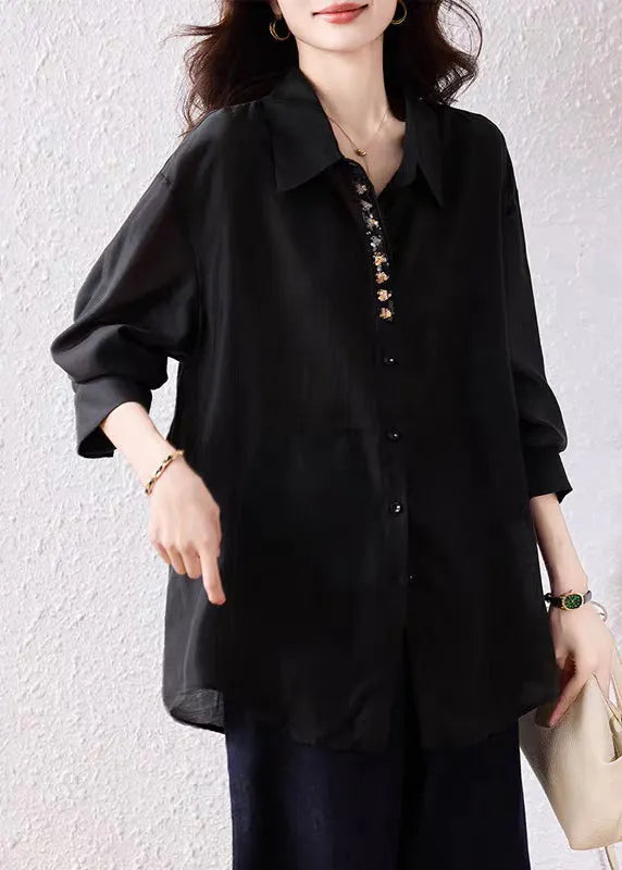 Loose Black Sequins Button Side Open Cotton Shirt Fall
