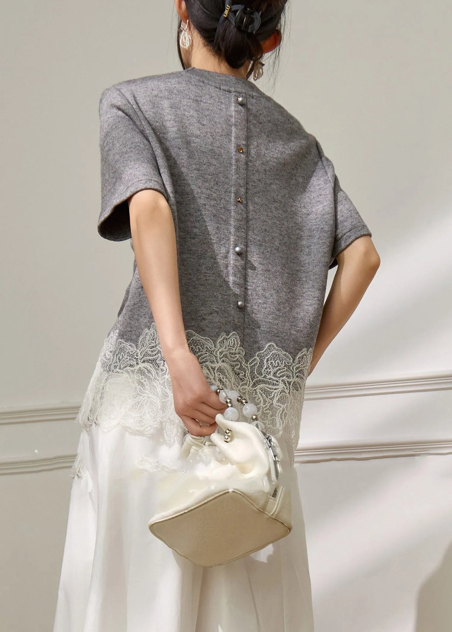 Grey Lace Patchwork Top Short Sleeve