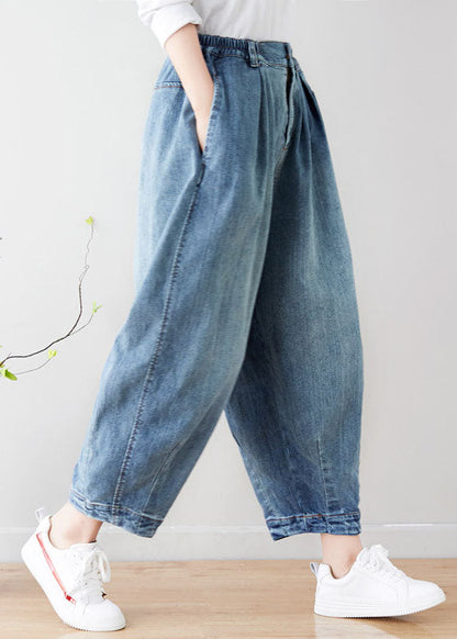 Art Light Blue Elastic Waist Pockets Pants Spring