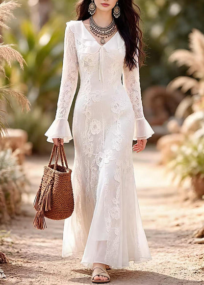 French White Ruffled Patchwork Lace Long Dress Spring