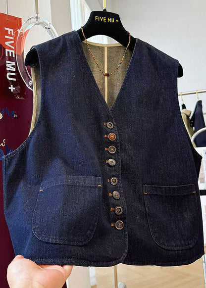 Navy Oversized Pockets Denim Vests Fall