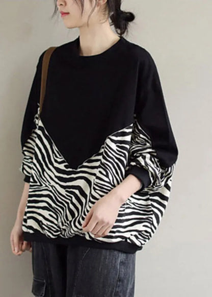 Black O-neck Patchwork Pullover Sweatshirt Long Sleeve