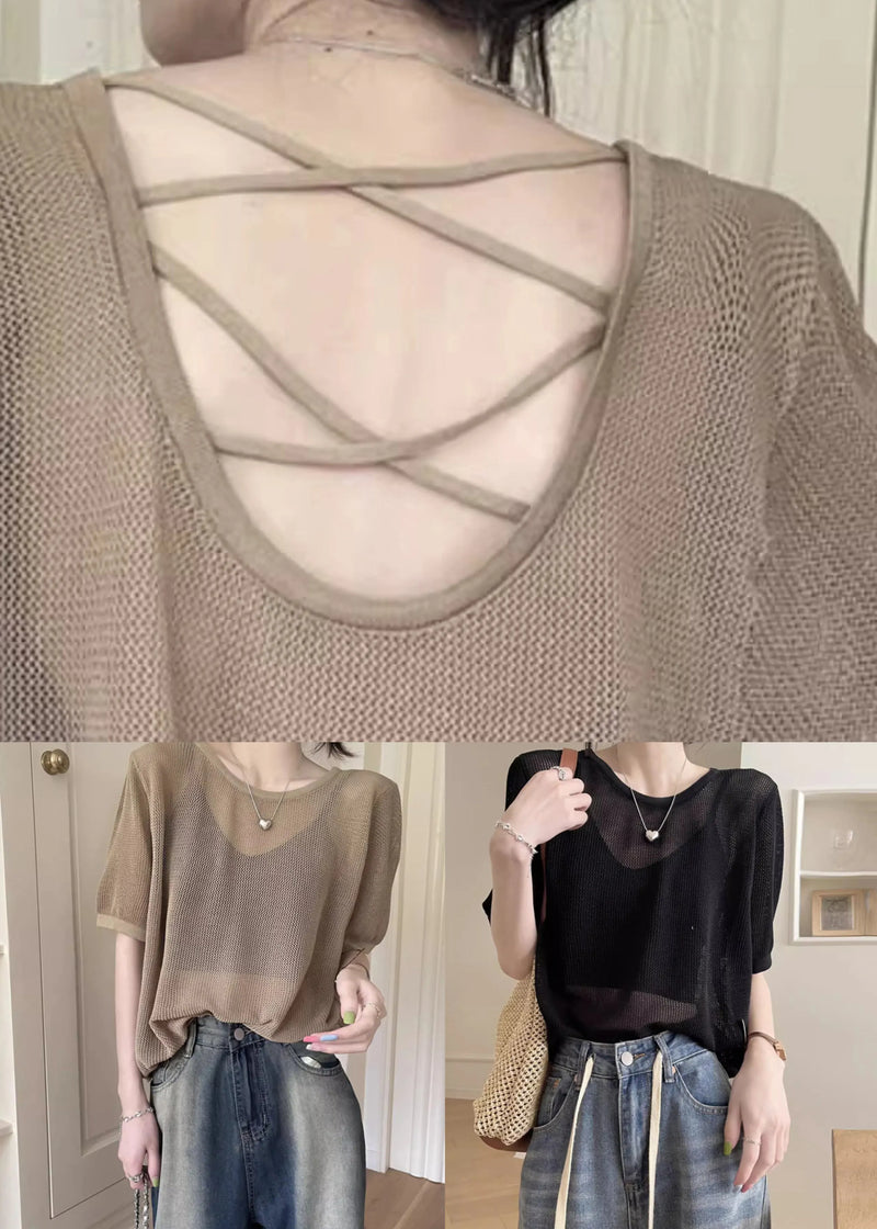 Black Hollow Out Summer Knit T Shirts O Neck