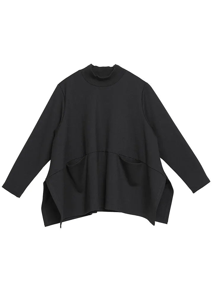 Boutique Black Loose Pockets Side Open Fall Long Sleeve Top