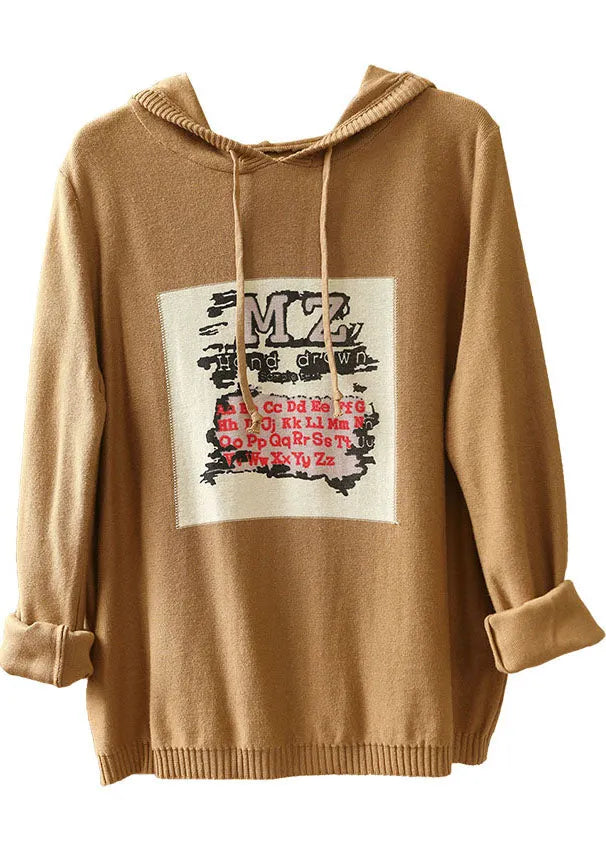 Khaki Hooded Drawstring Print Fall Knit Sweater