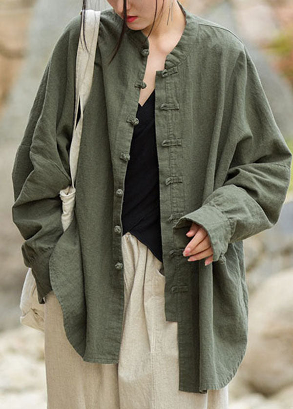 Green Stand Collar Chinese Button Patchwork Cotton Coat Fall