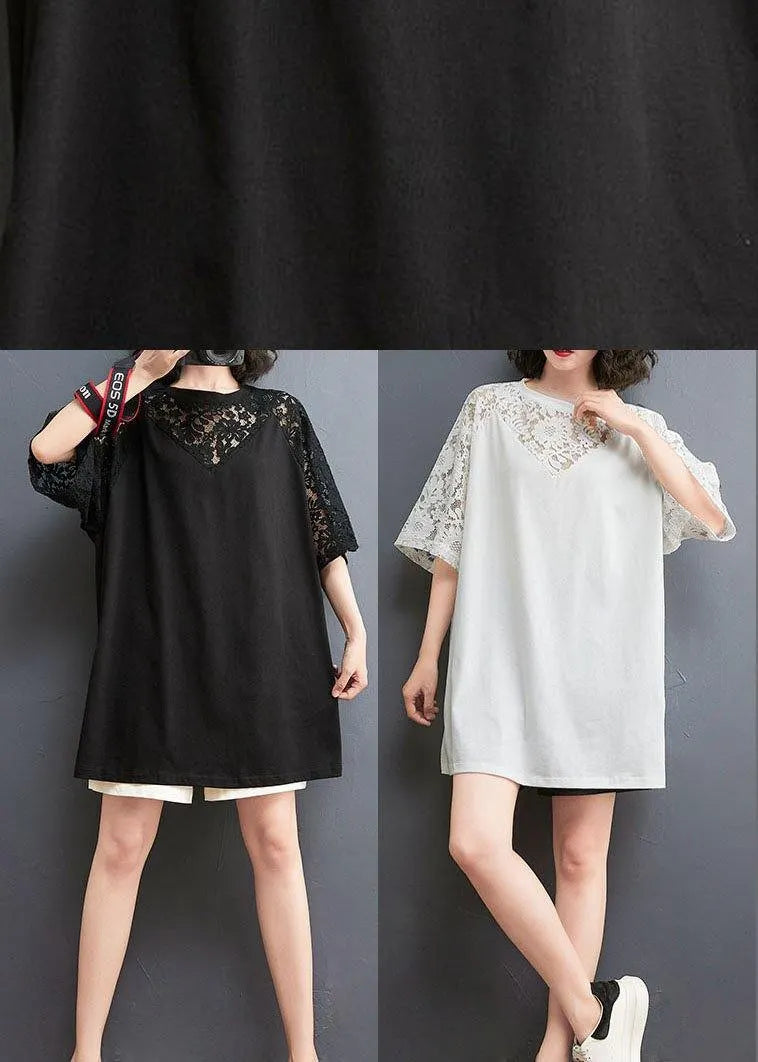 White Patchwork Lace O-neck Cotton Tee Summer