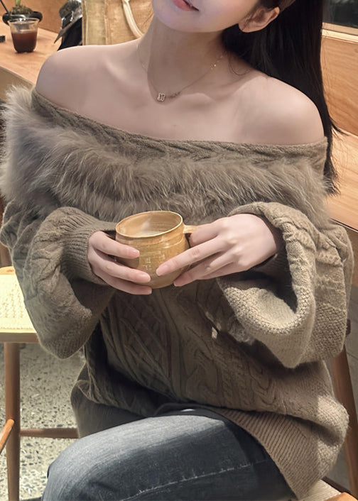 Loose Khaki Slash Neck Fluffy Patchwork Knit Cable Sweater Spring