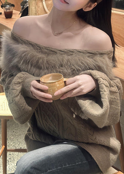 Loose Khaki Slash Neck Fluffy Patchwork Knit Cable Sweater Spring
