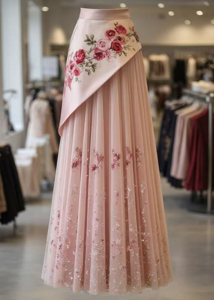 Pink Print Wrinkled Tulle Patchwork Skirt Summer