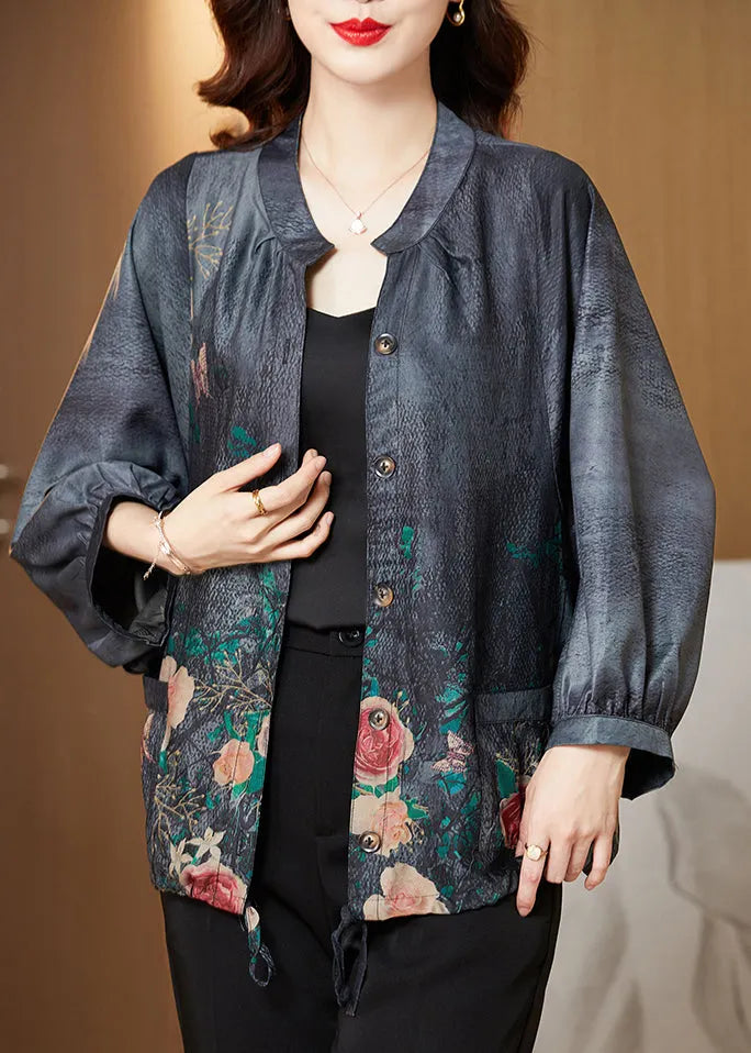 Blue Stand Collar Print Button Silk Tops Long Sleeve