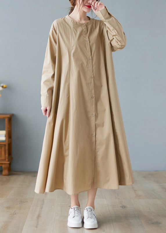 Loose Khaki O-neck Button Wrinkled Pocket Shirt Dresses Long Sleeve Fall