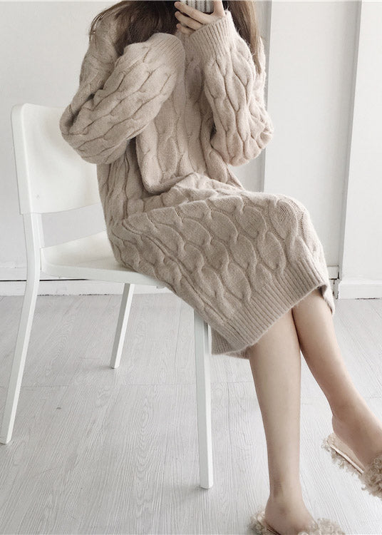 Loose Apricot O-neck Cozy Thick Cashmere Long Knit Sweater Dress Winter