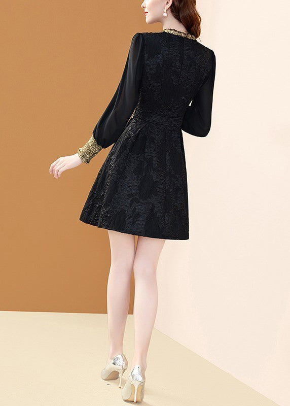 Black Bow Pockets Patchwork Dresses Winter