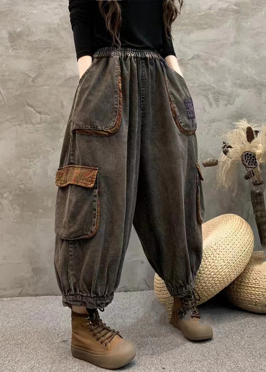 Black Pockets Elastic Waist Patchwork Denim Harem Pants Spring
