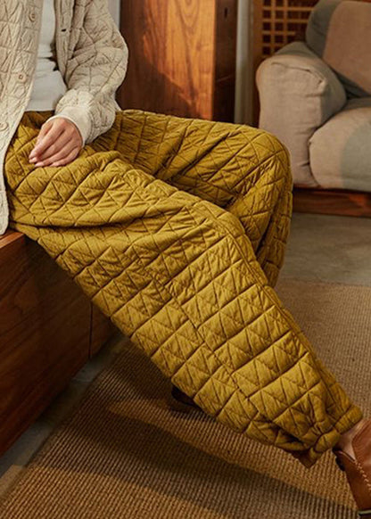 Simple Yellow Elastic Waist Cotton Filled Pants Winter