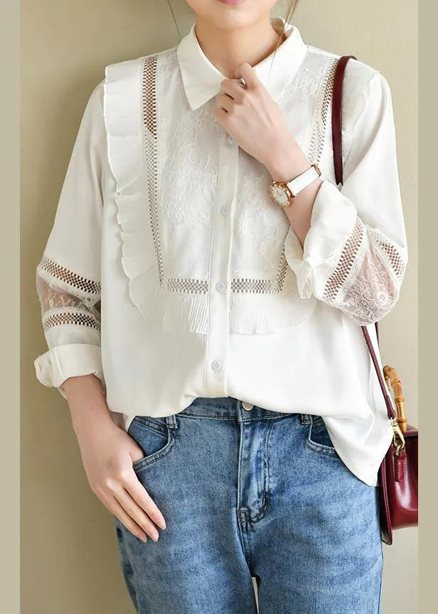 Handmade Patchwork White Long Sleeve Top Ruffles