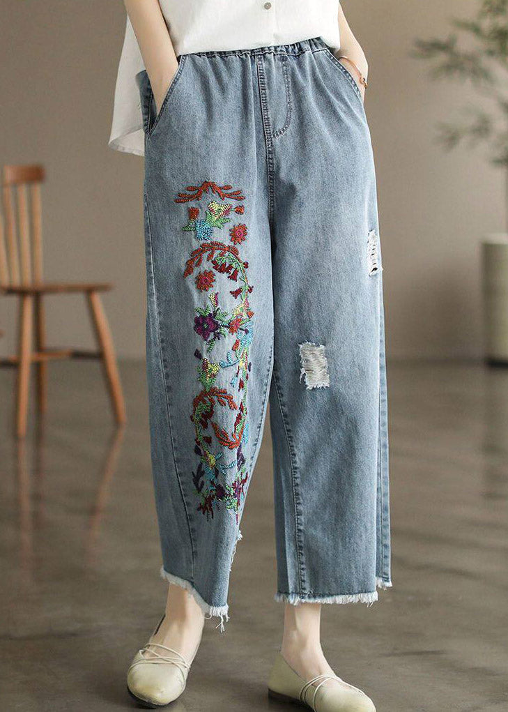 Light Blue Embroidered Pockets Patchwork Crop Jeans Summer