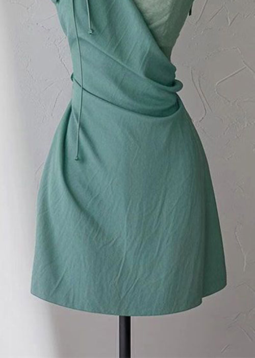New Green V Neck High Waist Cotton Spaghetti Strap Dress Sleeveless Summer