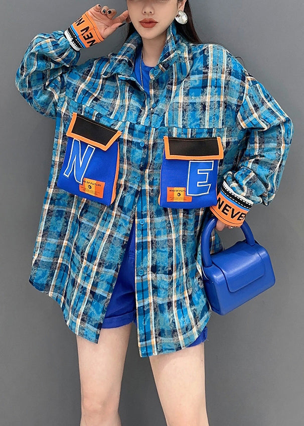 Blue Plaid Button Patchwork Cotton Blouses Long Sleeve