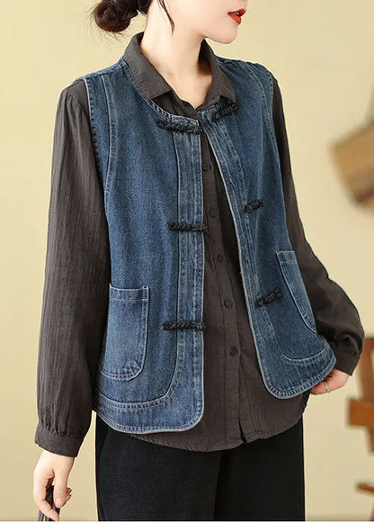 Art Blue Chinese Button Denim Vest Spring