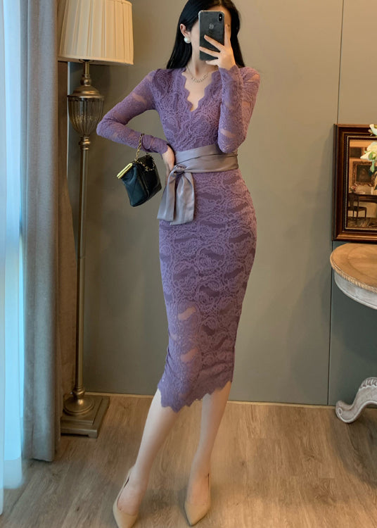 Lavender V Neck Tie Waist Lace Party Dresses Summer