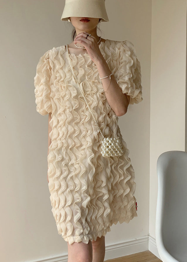 Apricot Patchwork Tulle Mid Dress Ruffled O-neck Puff Sleeve Summer