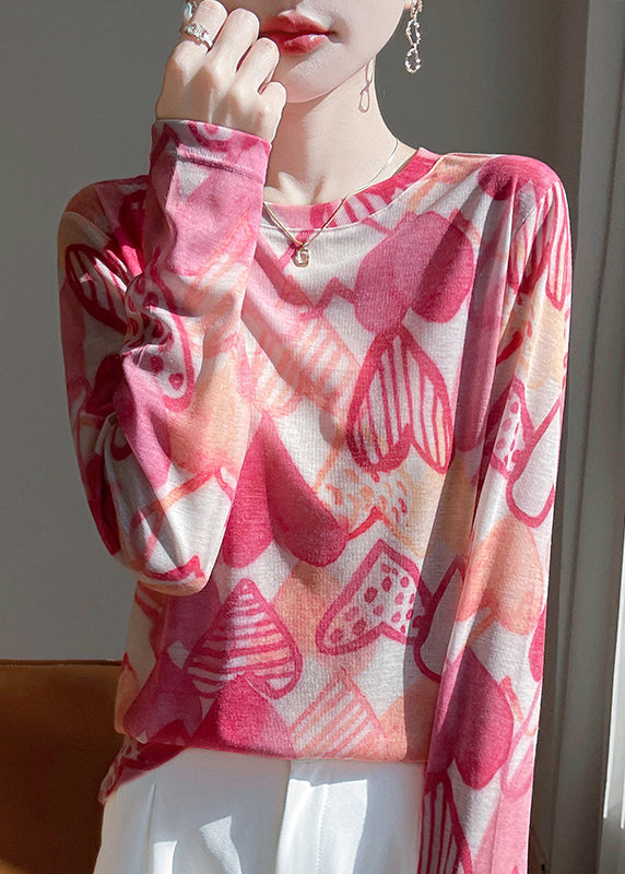 Pink O-neck Print Cotton Upf 50+ Shirt Top Fall