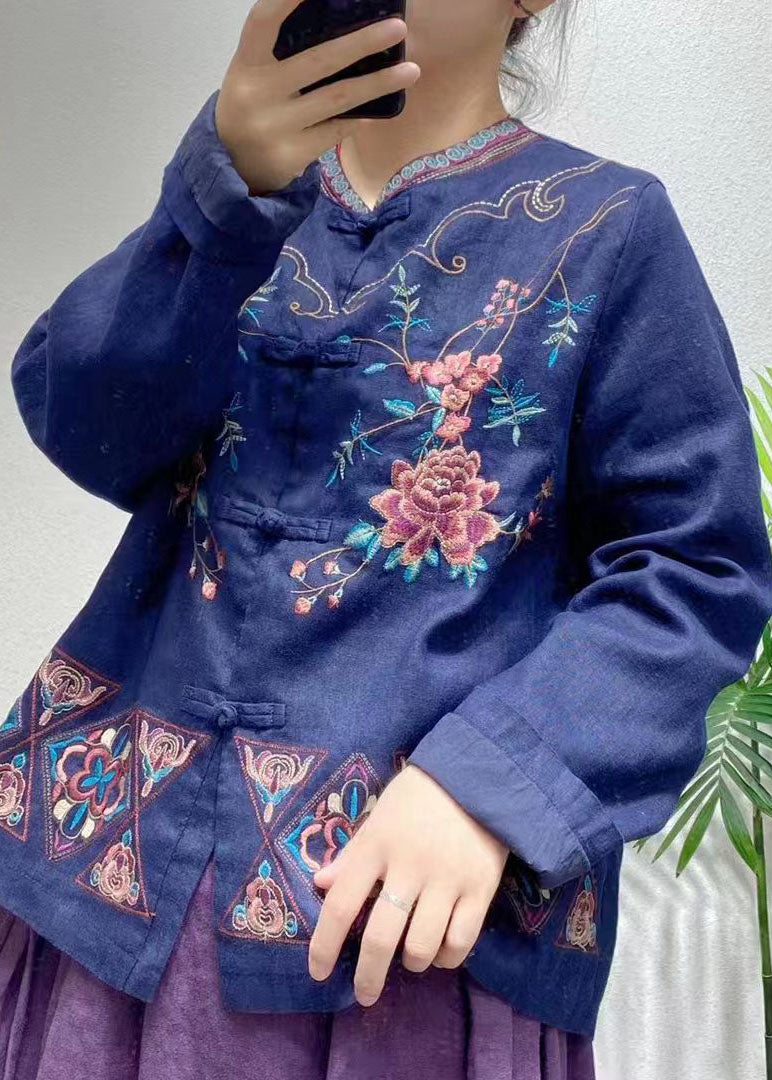 Blue Embroideried Oriental Button Linen Chinese Style Coats Spring