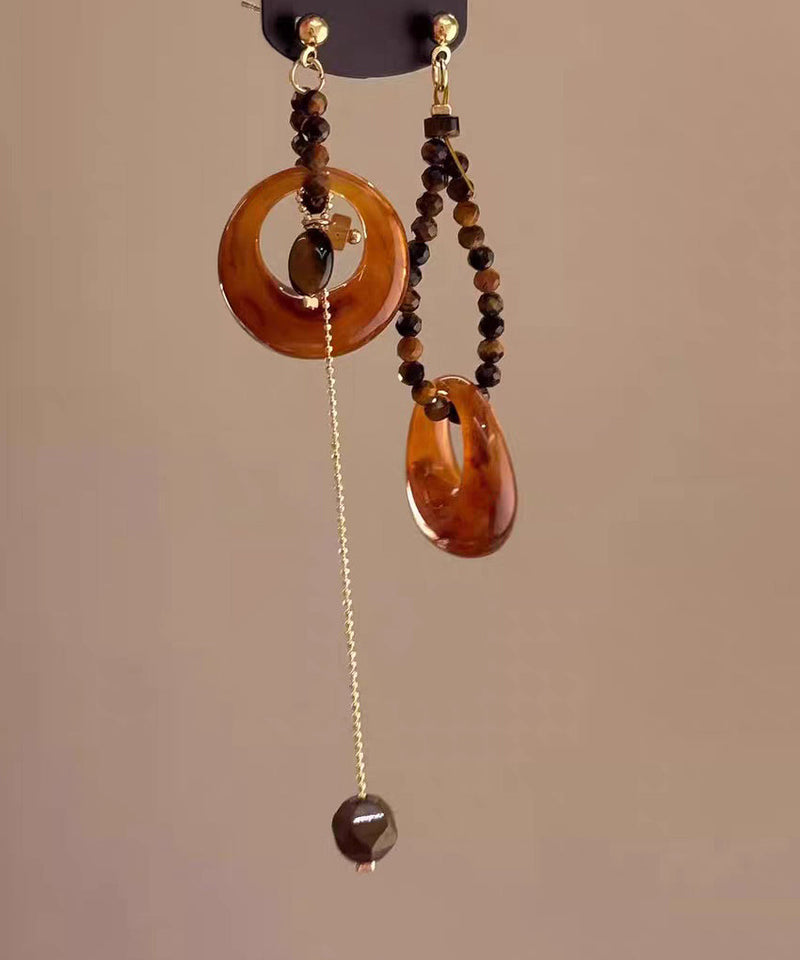 Brown Copper Overgild Asymmetrical Tiger's Eye Beading Tassel Drop Earrings