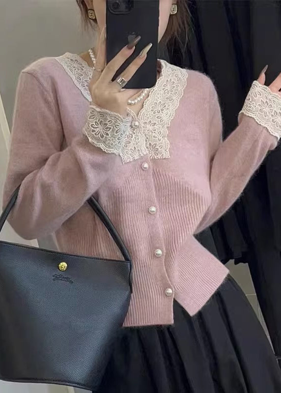 Apricot Button Lace Patchwork Cotton Knit Coats Fall