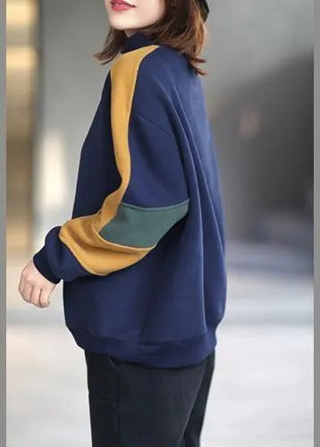 Blue Blouse High Neck Patchwork Box Spring Shirt