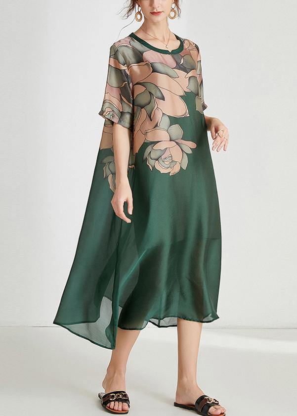 Green Print O-neck Holiday Summer Chiffon Dress