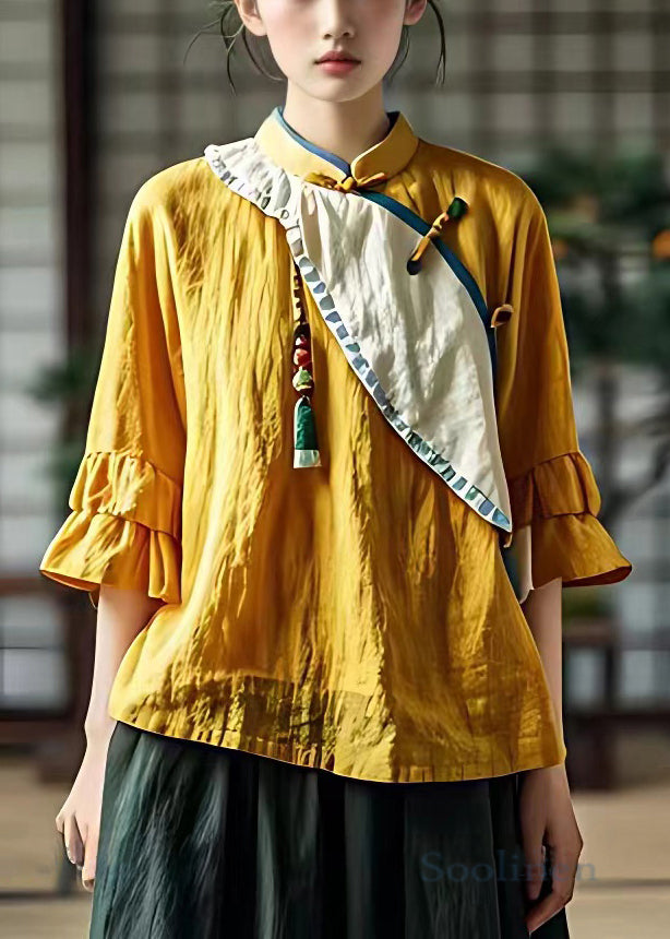 French Yellow Stand Collar Button Cotton Shirts Flare Sleeve